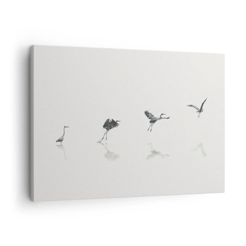 Quadro em tela - Quatro silhuetas de pássaros refletidas na água calma - 70x50cm - Quatro passos simples - Decoração de parede moderna para a sala de estar e quarto ARTTOR