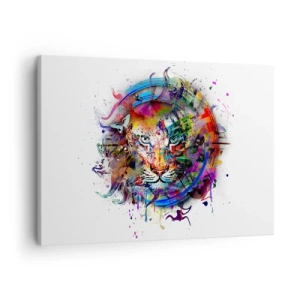 Quadro em tela - Retrato colorido de um leão em estilo abstrato - 70x50cm - À espreita atrás do véu arco-íris - Decoração de parede moderna para a sala de estar e quarto ARTTOR
