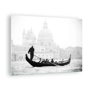 Quadro em vidro - Uma gôndola preta e branca com Veneza ao fundo - 70x50cm - Uma viagem às fontes da beleza - Decoração de parede moderna para a sala de estar e quarto ARTTOR