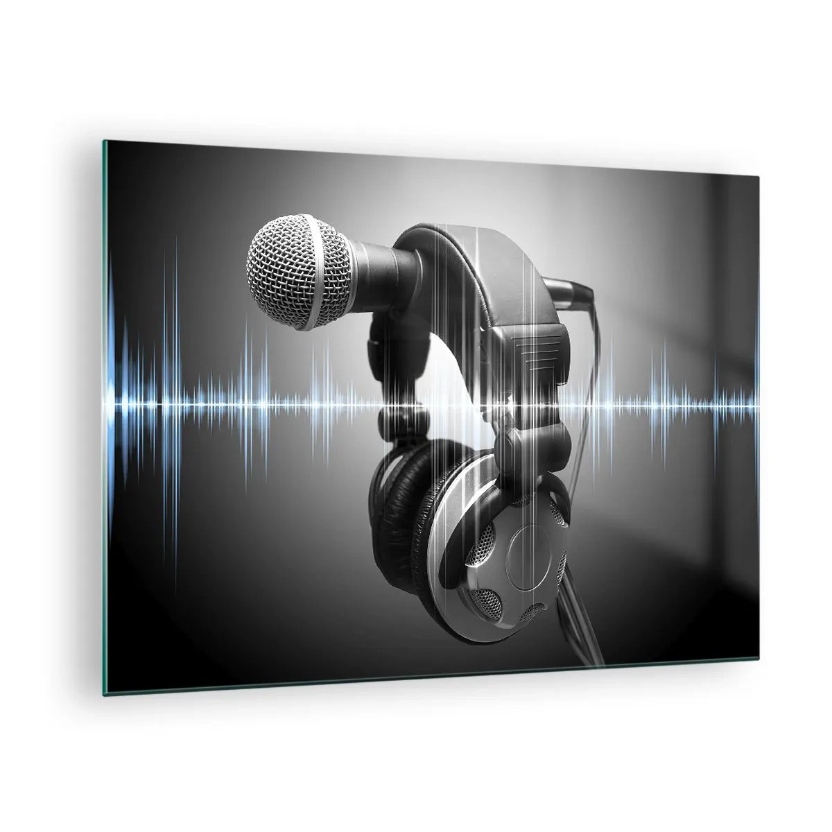 Quadro em vidro - Microfone com fones de ouvido contra um fundo de ondas sonoras - 70x50cm - Ainda pode-se ouvir o canto - Decoração de parede moderna para a sala de estar e quarto ARTTOR
