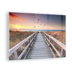 Quadro em vidro - Uma passarela de madeira sobre as dunas que leva à praia ao pôr do sol - 70x50cm - O espaço das alturas - Decoração de parede moderna para a sala de estar e quarto ARTTOR