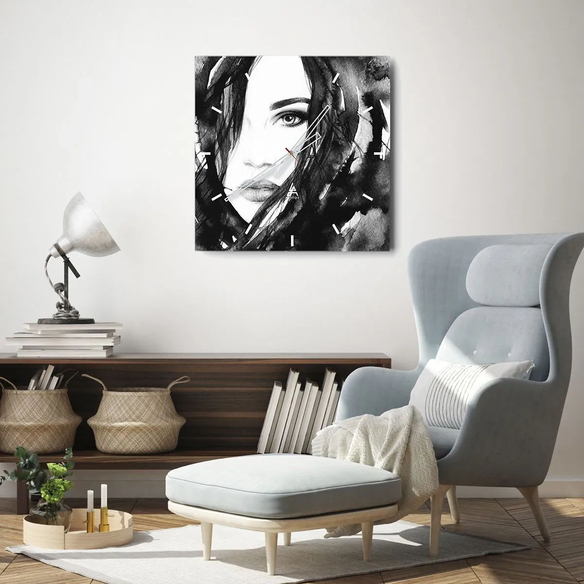Relógio de parede - Relógio em vidro - Retrato de uma dama a preto e branco - 30x30 cm