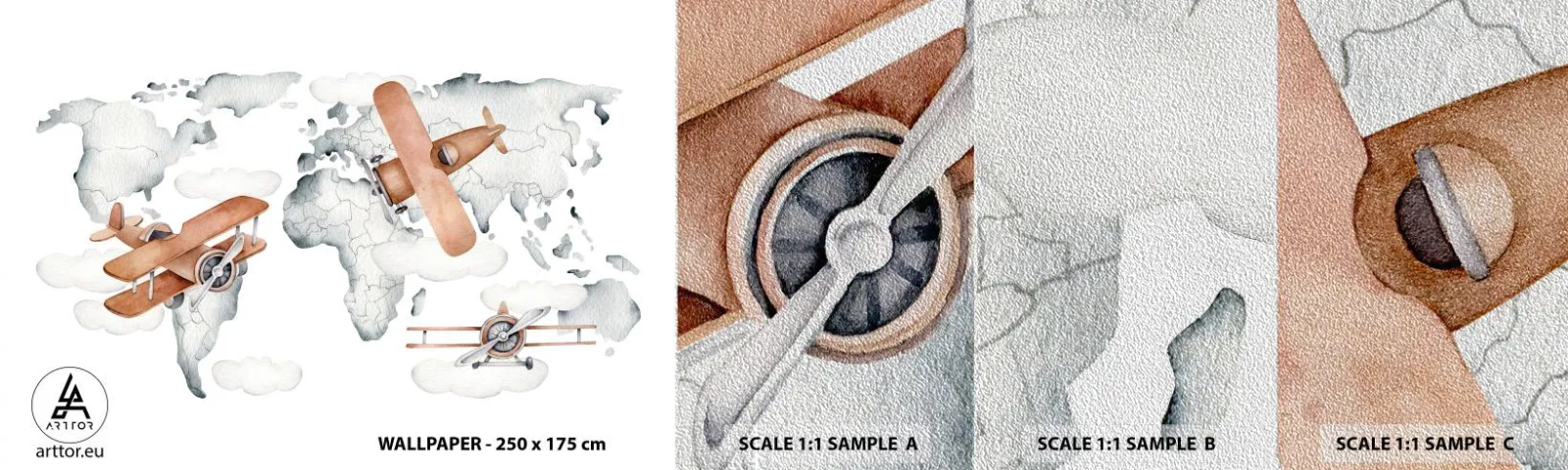 Amostra de papel de parede Premium Sand - Com espírito pioneiro - Mapa mundial, Aviões, Infantil - 100x30 cm