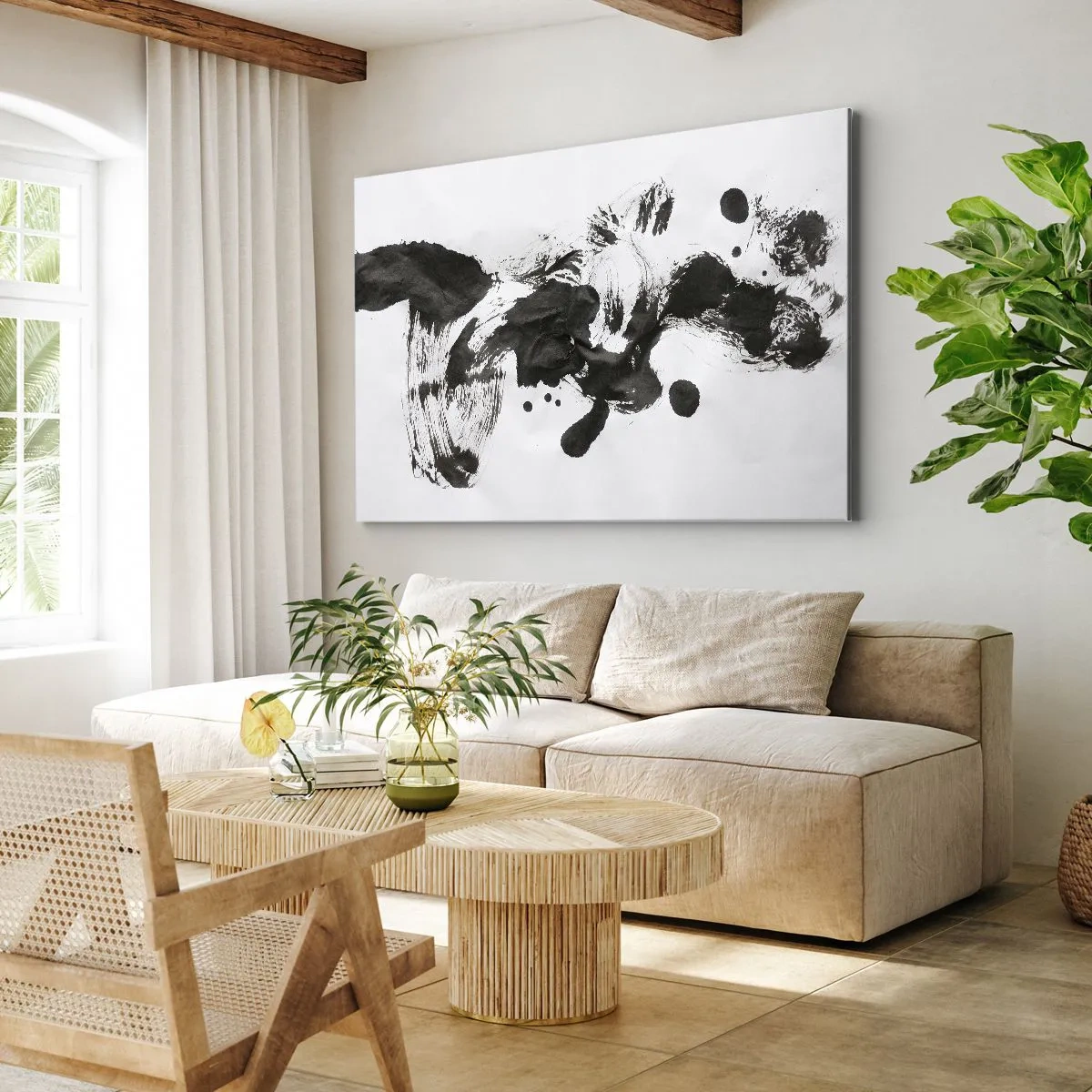 Quadro em tela - Composição abstrata de manchas pretas em um fundo branco - 70x50cm - Existe um método para a loucura? - Decoração de parede moderna para a sala de estar e quarto ARTTOR