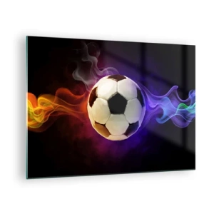 Quadro em vidro - Uma bola de futebol cercada por listras coloridas - 70x50cm - O poder mágico do jogo - Decoração de parede moderna para a sala de estar e quarto ARTTOR