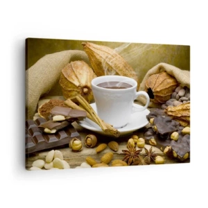 Quadro em tela - Uma xícara de chocolate quente cercada de cacau e canela - 70x50cm - Para os que procuram emoções - Decoração de parede moderna para a sala de estar e quarto ARTTOR