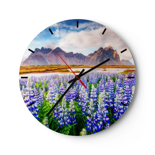 Relógio de parede - Relógio em vidro - Paisagem com campos de flores e montanhas ao fundo - 30x30cm - Força e severidade ao lado da suavidade - Decoração de parede moderna para a sala de estar, cozinha e quarto ARTTOR