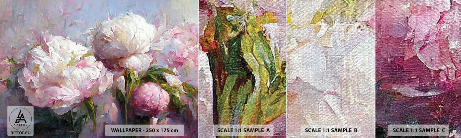 Amostra de papel de parede Premium Canvas - Um buquê cheio de vida - Flores, Peônias, Classicismo - 100x30 cm