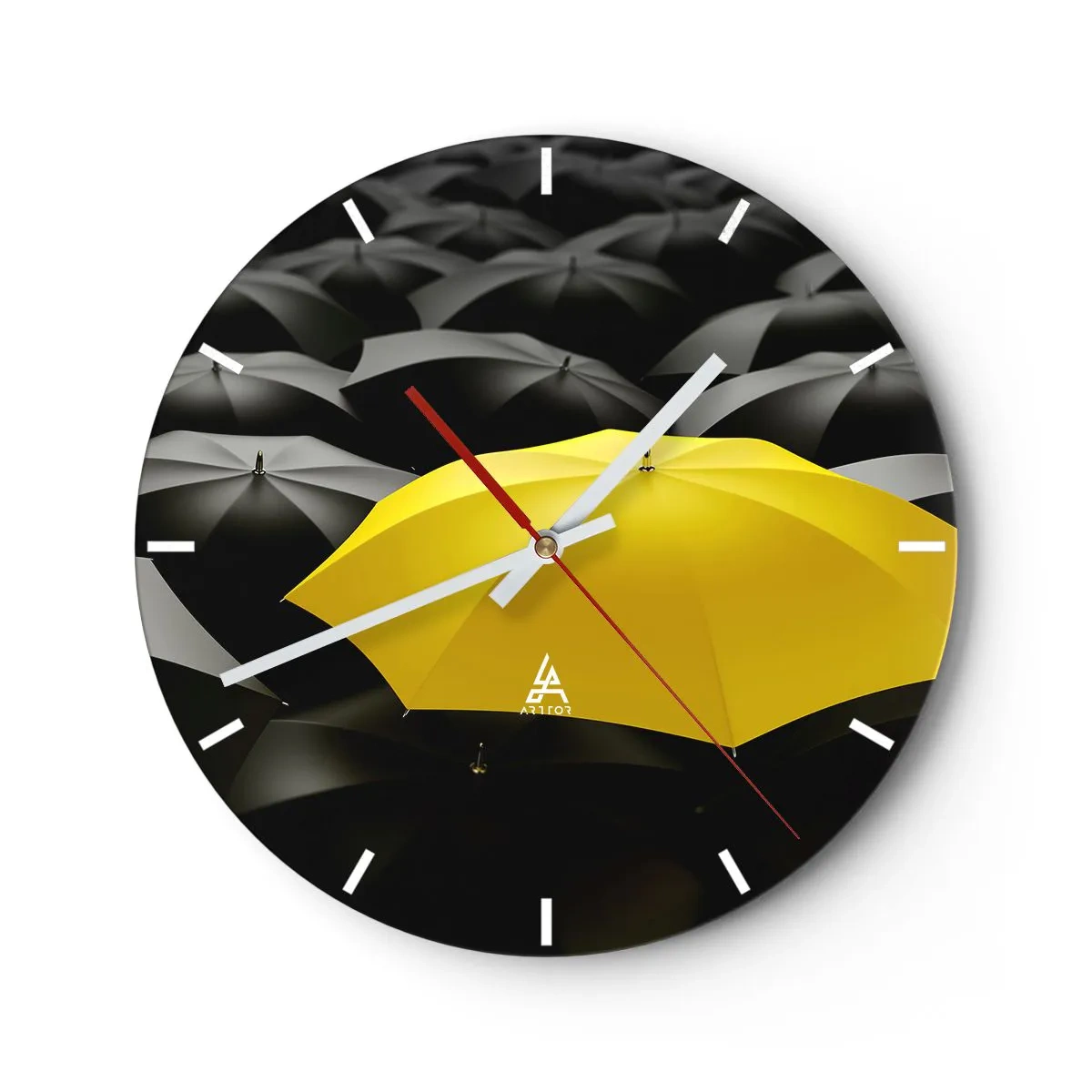 Relógio de parede - Relógio em vidro - Um guarda-chuva amarelo se destacando contra o fundo preto - 30x30cm - Adeus à tristeza - Decoração de parede moderna para a sala de estar, cozinha e quarto ARTTOR