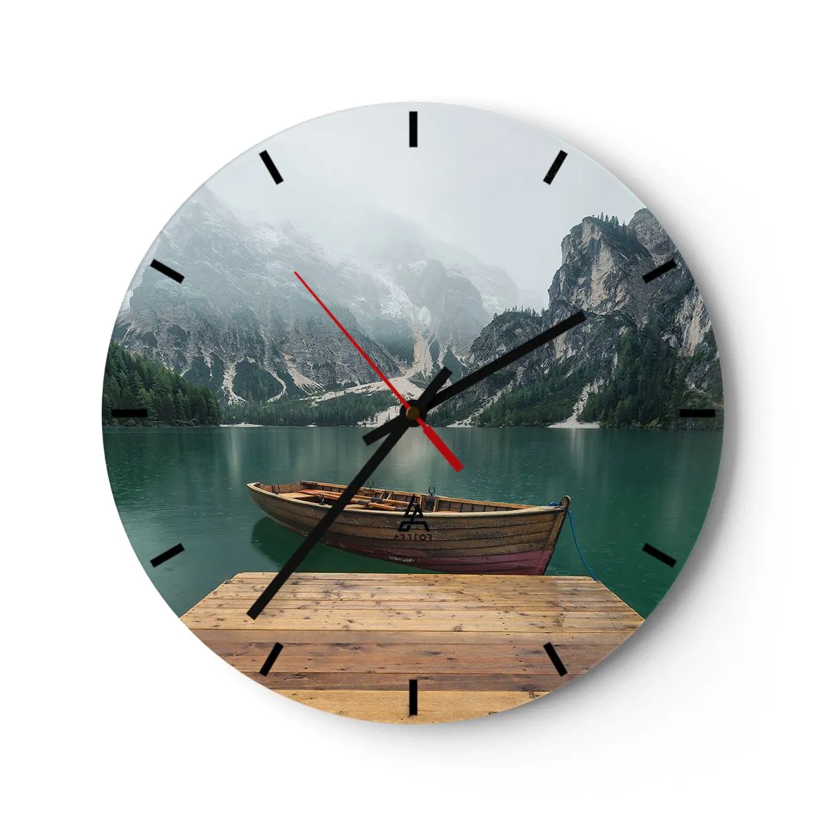 Relógio de parede - Relógio em vidro - Um barco de madeira em um lago cercado por montanhas - 30x30cm - Rochas orgulhosas - Decoração de parede moderna para a sala de estar, cozinha e quarto ARTTOR