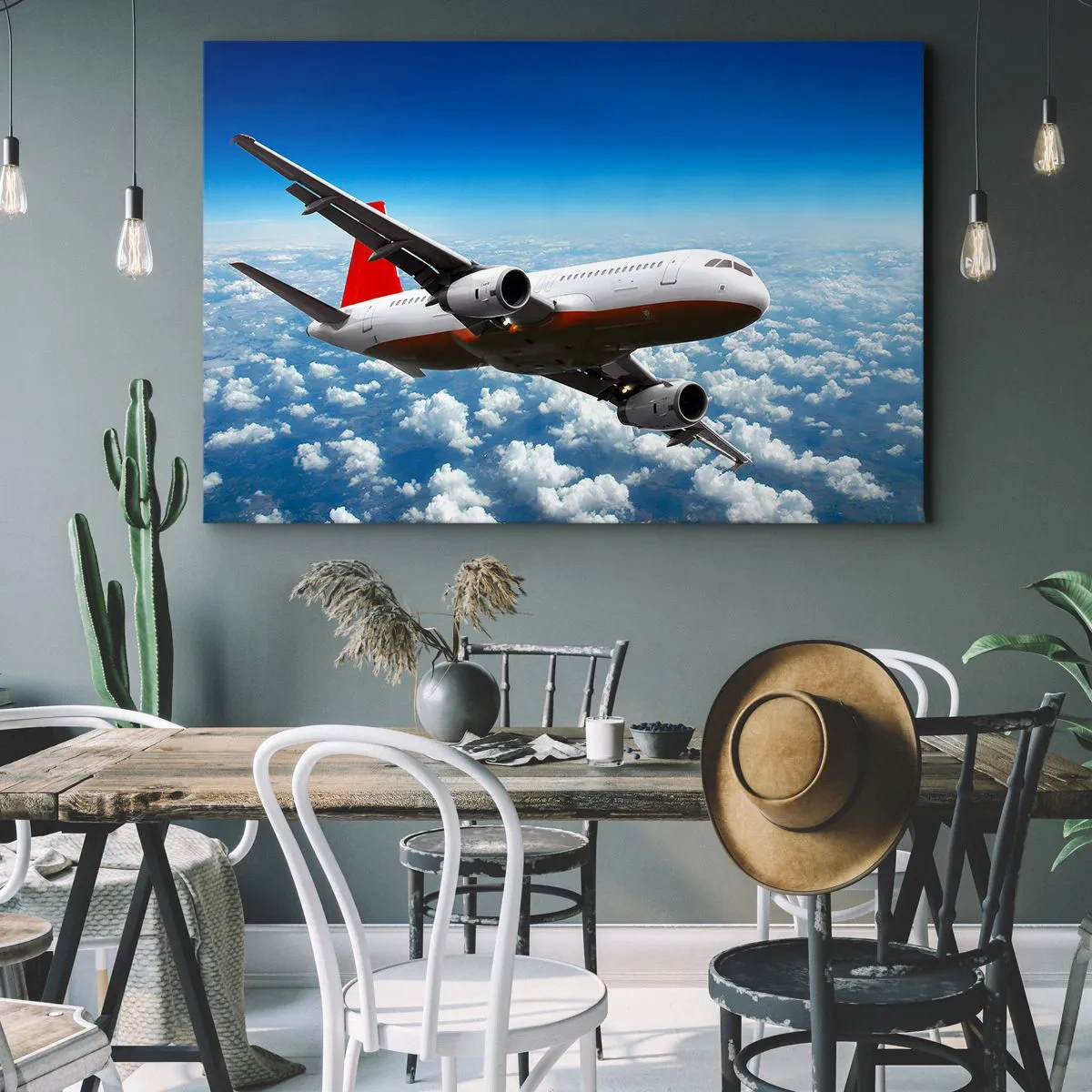 Quadro em tela - Um avião de passageiros voando acima das nuvens contra um céu azul. - 70x50cm - Afaste-se de tudo isso - Decoração de parede moderna para a sala de estar e quarto ARTTOR