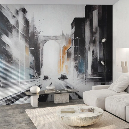 Papel de Parede Standard Eco - Uma interpretação moderna de uma rua da cidade com um arco e carros - 100x70cm - Estudo da cidade: arquitetura e movimento - Decoração de parede moderna para a sala de estar e quarto ARTTOR