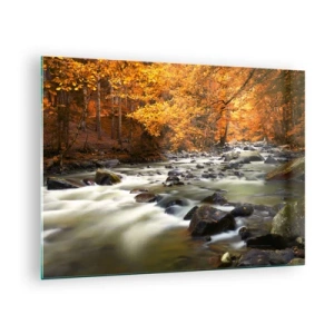 Quadro em vidro - Floresta de outono com riacho e pedras - 70x50cm - Um riacho na floresta dourada - Decoração de parede moderna para a sala de estar e quarto ARTTOR