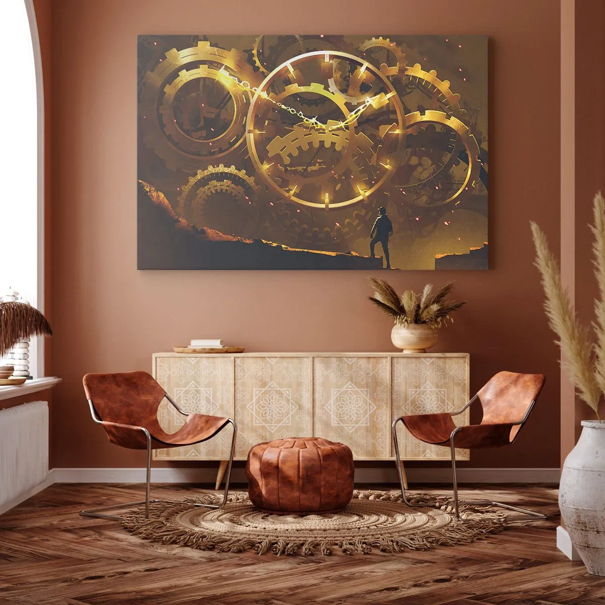 Quadro em tela - Engrenagens douradas em um cenário surreal com uma figura - 70x50cm - Na origem do tempo - Decoração de parede moderna para a sala de estar e quarto ARTTOR