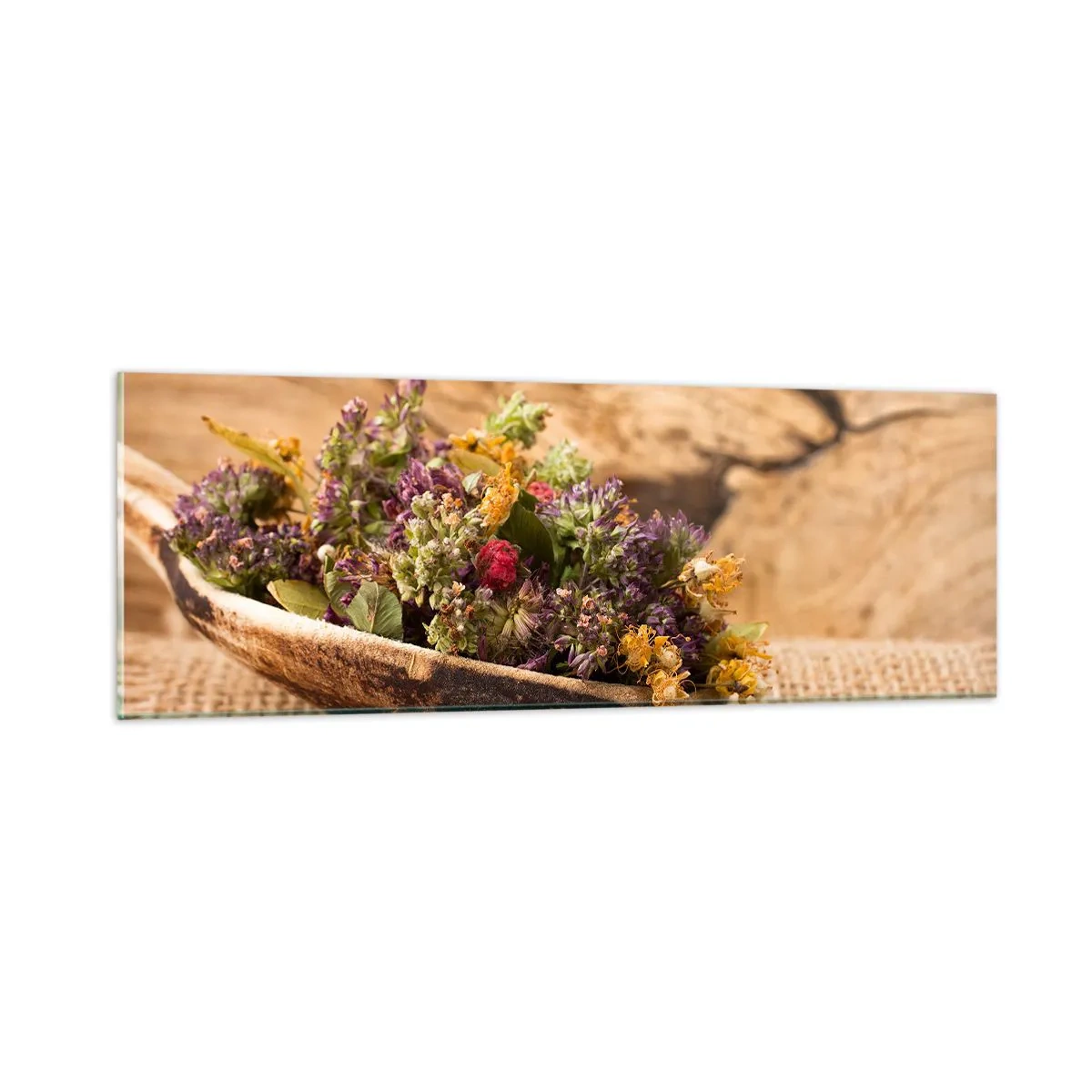 Quadro em vidro - Flores coloridas e ervas aromáticas - 90x30 cm