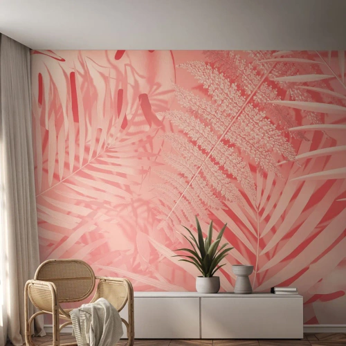Papel de Parede Premium Canvas - Conceito cor-de-rosa - Abstração, Folha de palmeira, Gráficos - 350x256 cm