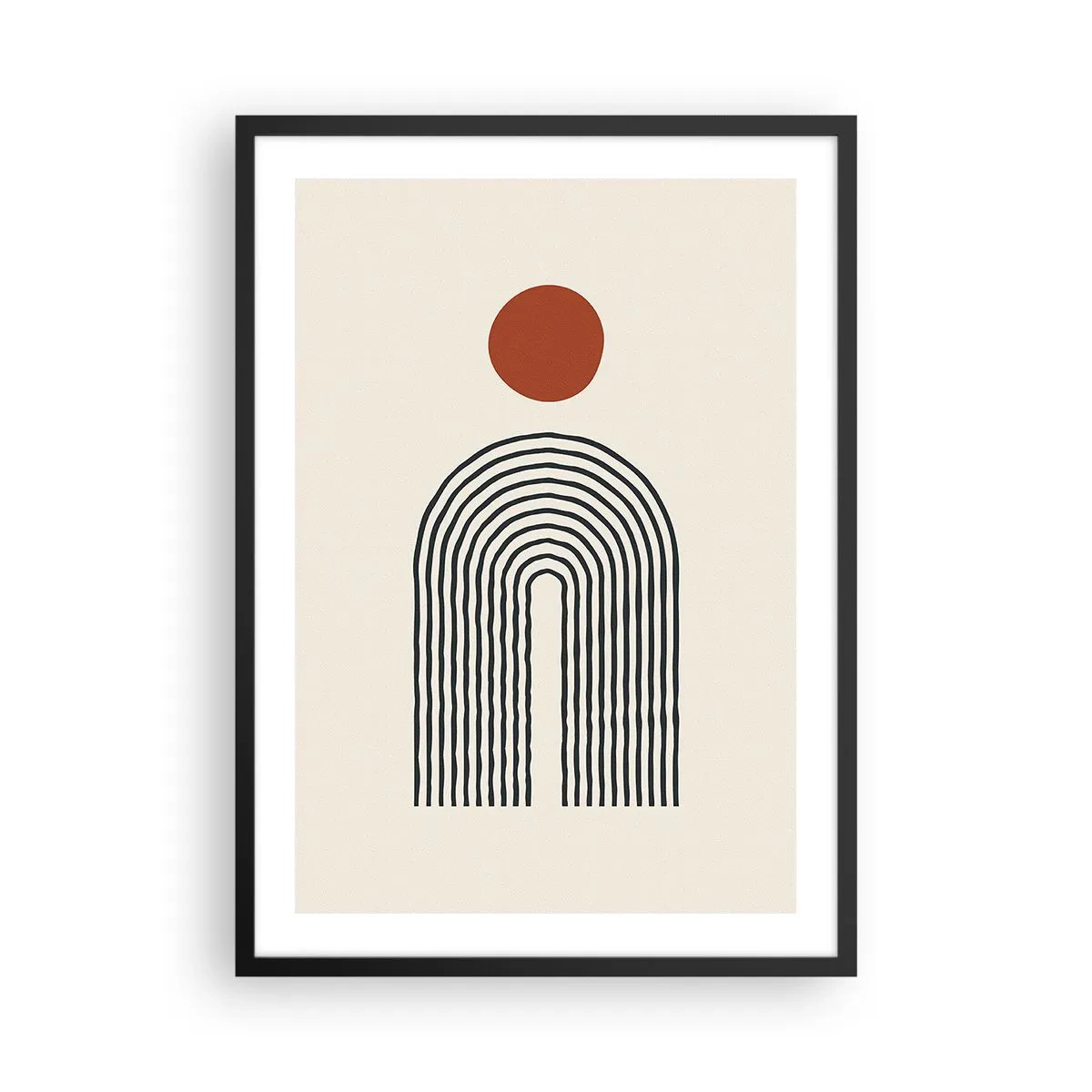 Pôster com moldura preta - Abstração geométrica com um arco linear e um círculo vermelho. - 50x70cm - Magnetismo de formas e cores - Decoração de parede moderna para a sala de estar e quarto ARTTOR