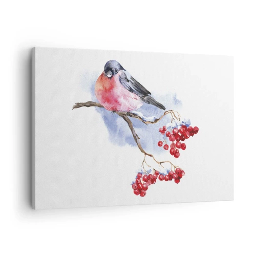 Quadro em tela - Pássaro em um galho com frutas vermelhas no fundo aquarela - 70x50cm - Inverno a cores - Decoração de parede moderna para a sala de estar e quarto ARTTOR