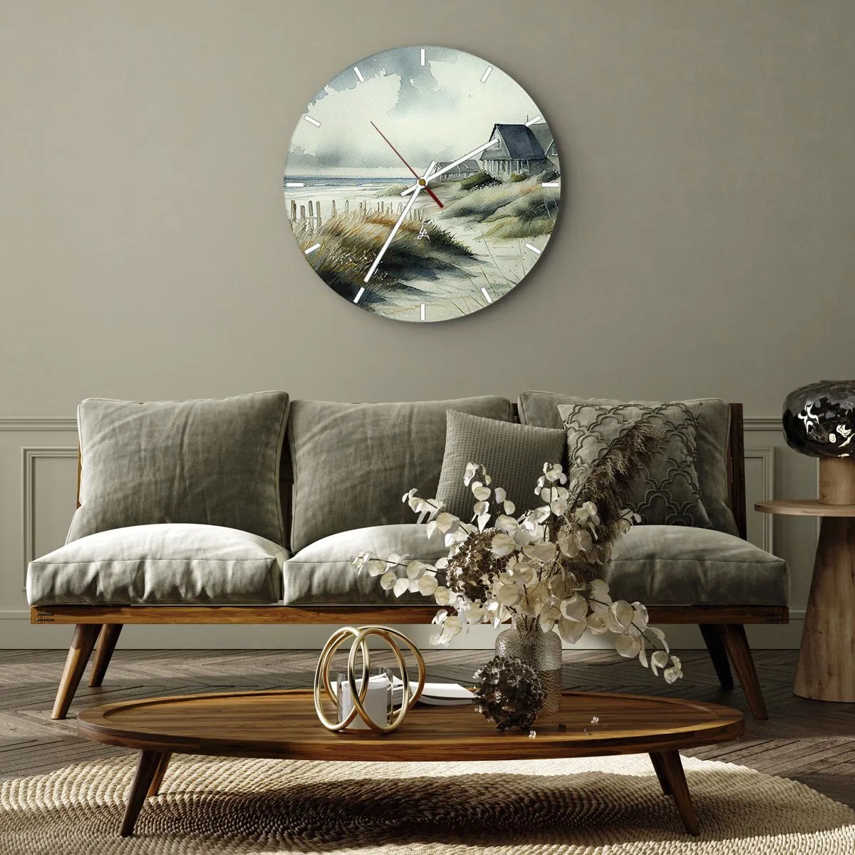 Relógio de parede - Relógio em vidro - Casas de dunas em estilo aquarela em uma praia calma - 30x30cm - Longe da agitação - Decoração de parede moderna para a sala de estar, cozinha e quarto ARTTOR