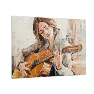 Quadro em vidro - Uma garota tocando violão em um estilo impressionista - 70x50cm - Concerto de violão e coração de rapariga - Decoração de parede moderna para a sala de estar e quarto ARTTOR