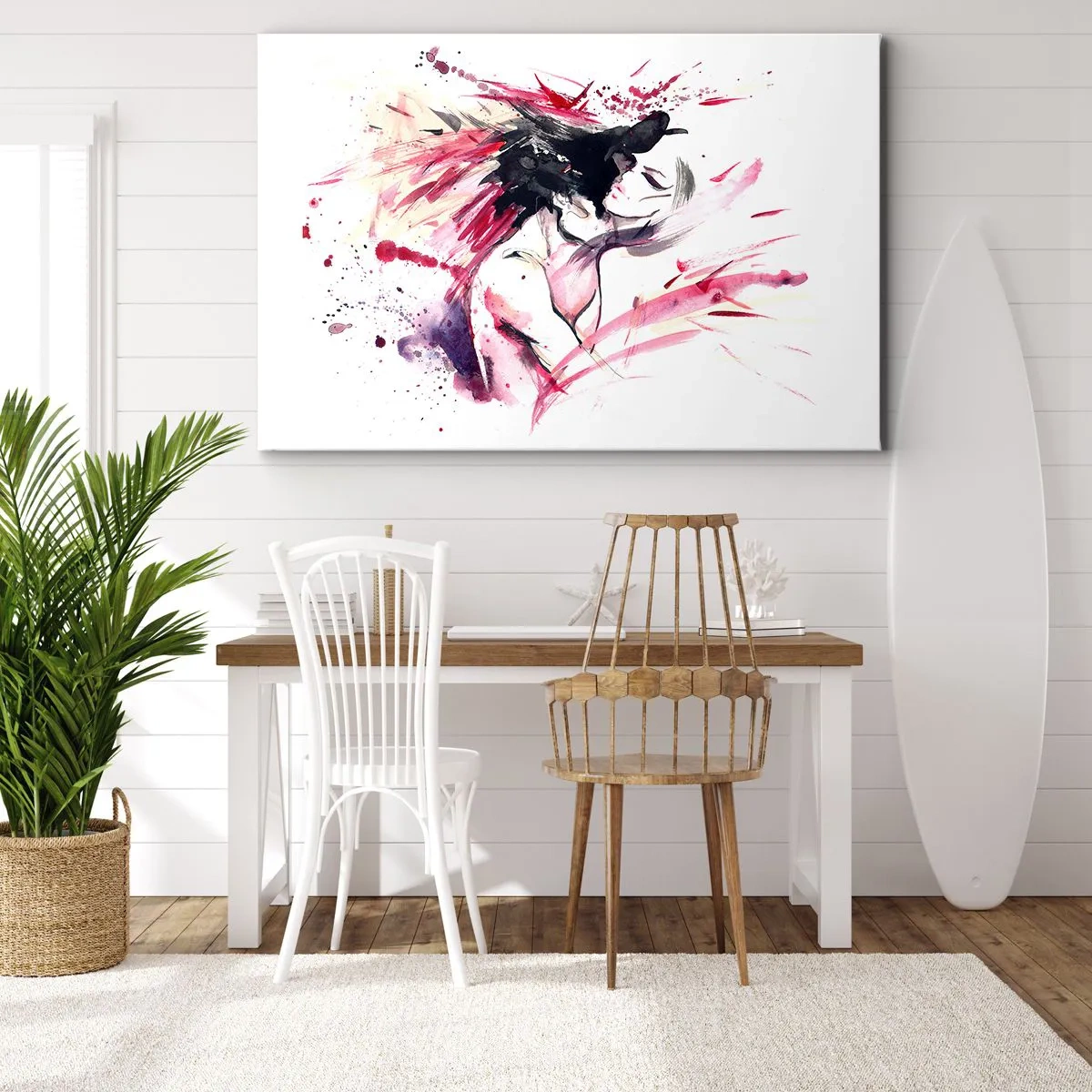 Quadro em tela - Retrato abstrato de uma mulher com detalhes vermelhos dinâmicos - 70x50cm - Realização amorosa - Decoração de parede moderna para a sala de estar e quarto ARTTOR