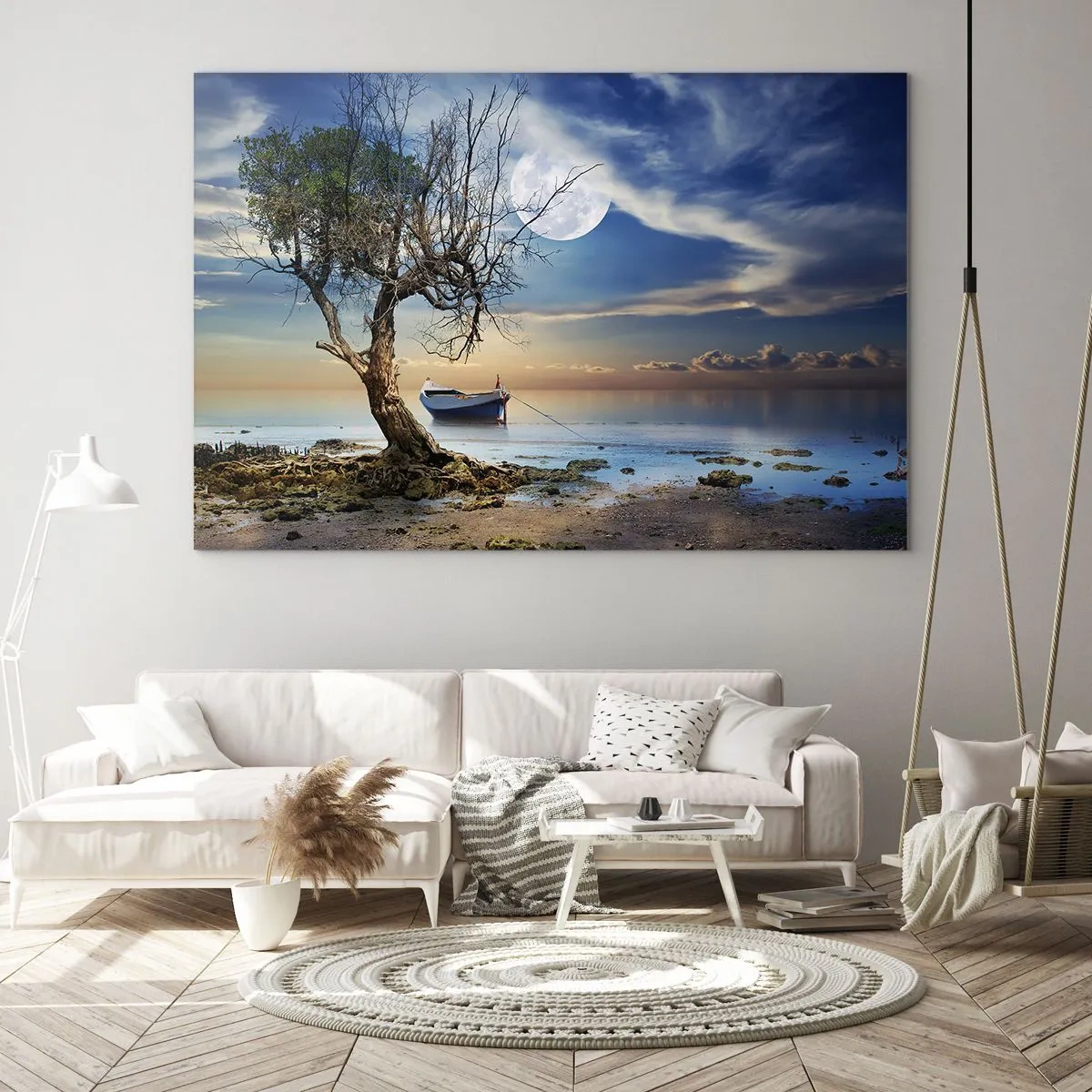 Quadro em vidro - Um barco solitário perto de uma árvore com a lua ao fundo - 70x50cm - É este o fim ou o começo? - Decoração de parede moderna para a sala de estar e quarto ARTTOR