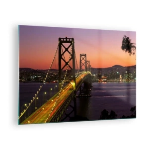 Quadro em vidro - A ponte à noite na cidade e a luz do pôr do sol - 70x50cm - Noite em roxo - Decoração de parede moderna para a sala de estar e quarto ARTTOR