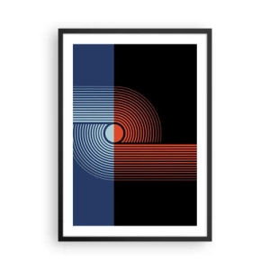 Pôster com moldura preta - Composição geométrica com linhas em azul marinho e laranja. - 50x70cm - Num abraço geométrico - Decoração de parede moderna para a sala de estar e quarto ARTTOR