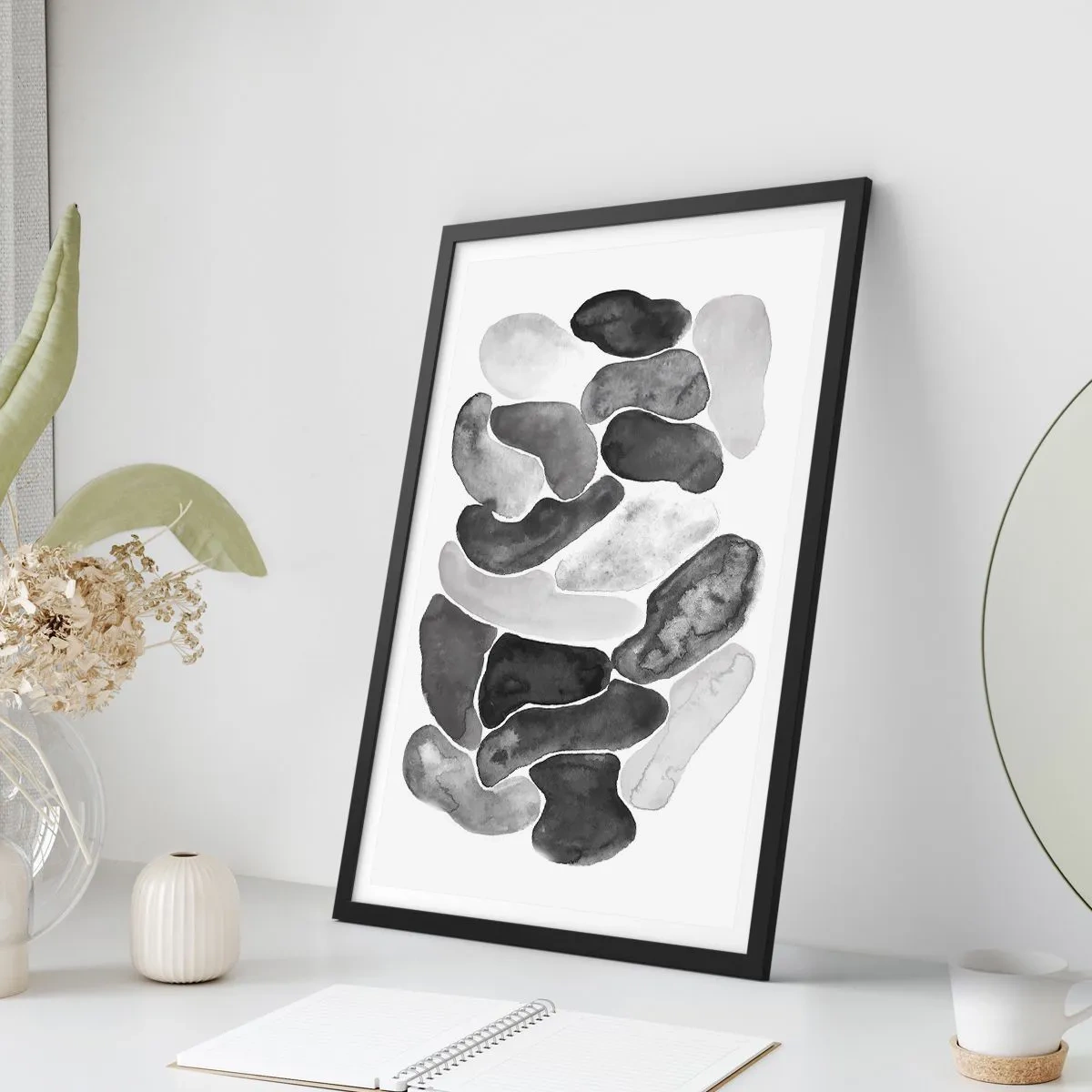 Pôster com moldura preta - Formas abstratas em tons de preto, cinza e branco - 50x70cm - Abstração rochosa - Decoração de parede moderna para a sala de estar e quarto ARTTOR