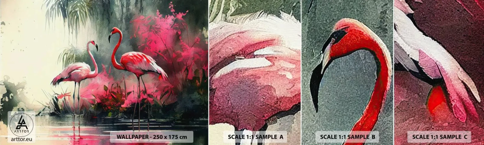 Amostra de Papel de Parede Standard Eco - Uma lição de graça natural - Flamingos, Pedaço, Paisagem - 100x30 cm