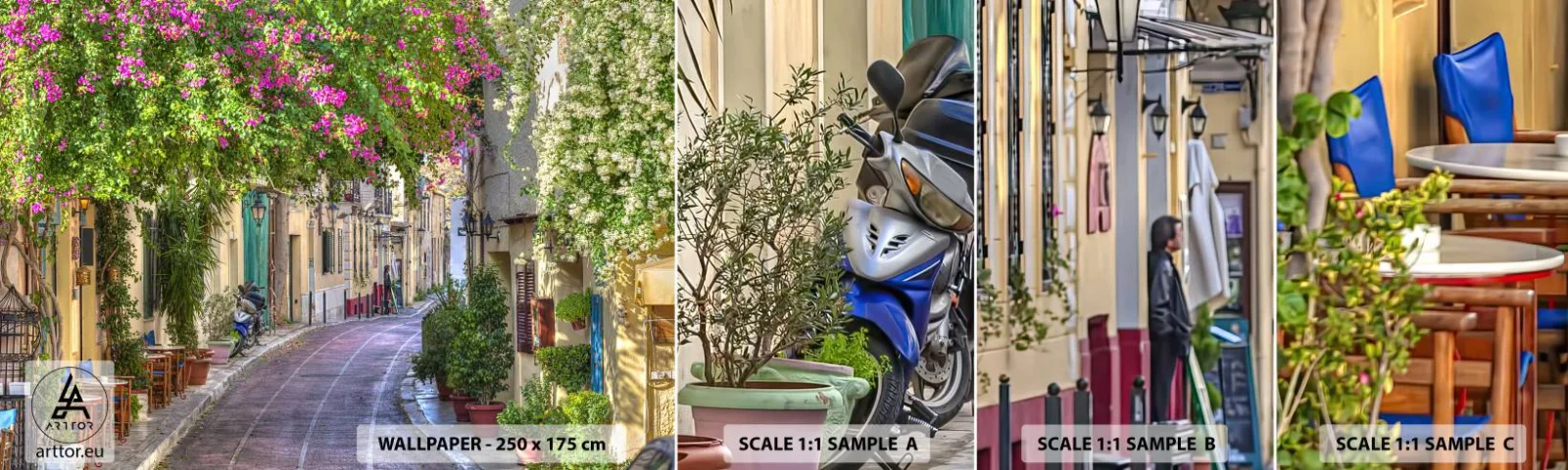 Amostra de Papel de Parede Standard Eco - Beco florido - Arquitetura, Grécia, Cidade - 100x30 cm