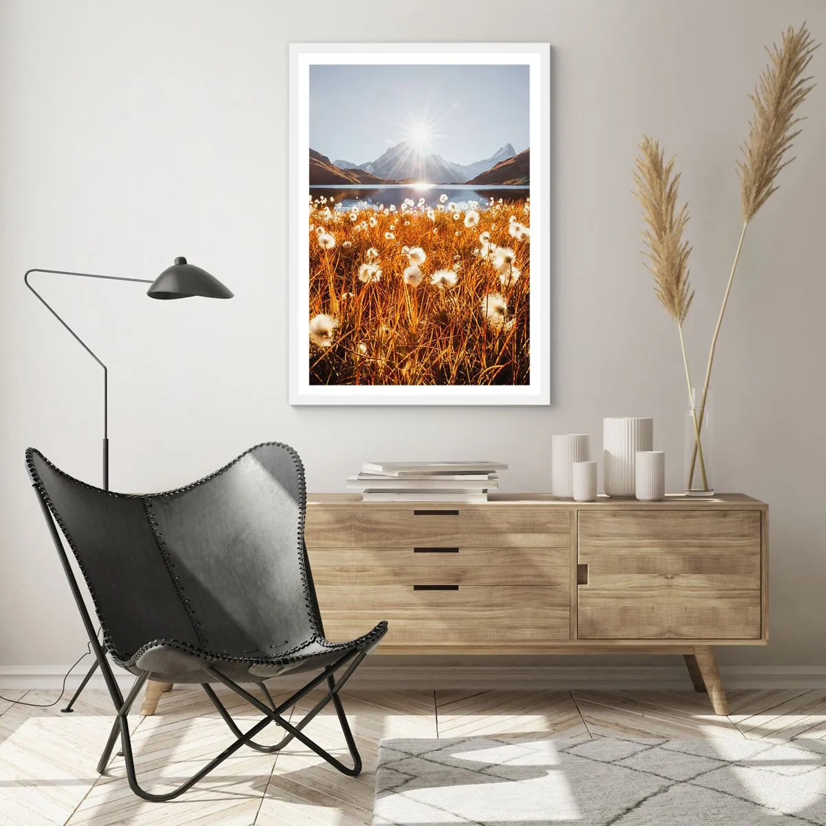 Pôster em moldura branca - Dureza da rocha, suavidade da relva - 61x91 cm