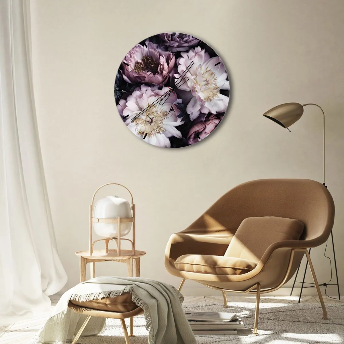 Relógio de parede - Relógio em vidro - Peônias rosa e creme em um arranjo denso e sombreado - 30x30cm - Bouquet à moda antiga - Decoração de parede moderna para a sala de estar, cozinha e quarto ARTTOR