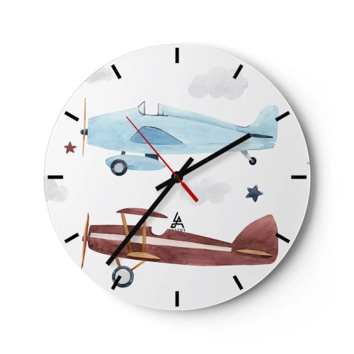 Relógio de parede - Relógio em vidro - Ilustração de dois aviões de estilo retrô contra um fundo nublado - 30x30cm - Sr. Piloto, estamos a aguardar! - Decoração de parede moderna para a sala de estar, cozinha e quarto ARTTOR
