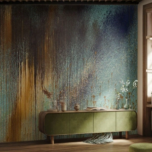 Papel de Parede Standard Eco - Composição abstrata em ouro e turquesa - 100x70cm - Uma composição colorida não acidental - Decoração de parede moderna para a sala de estar e quarto ARTTOR