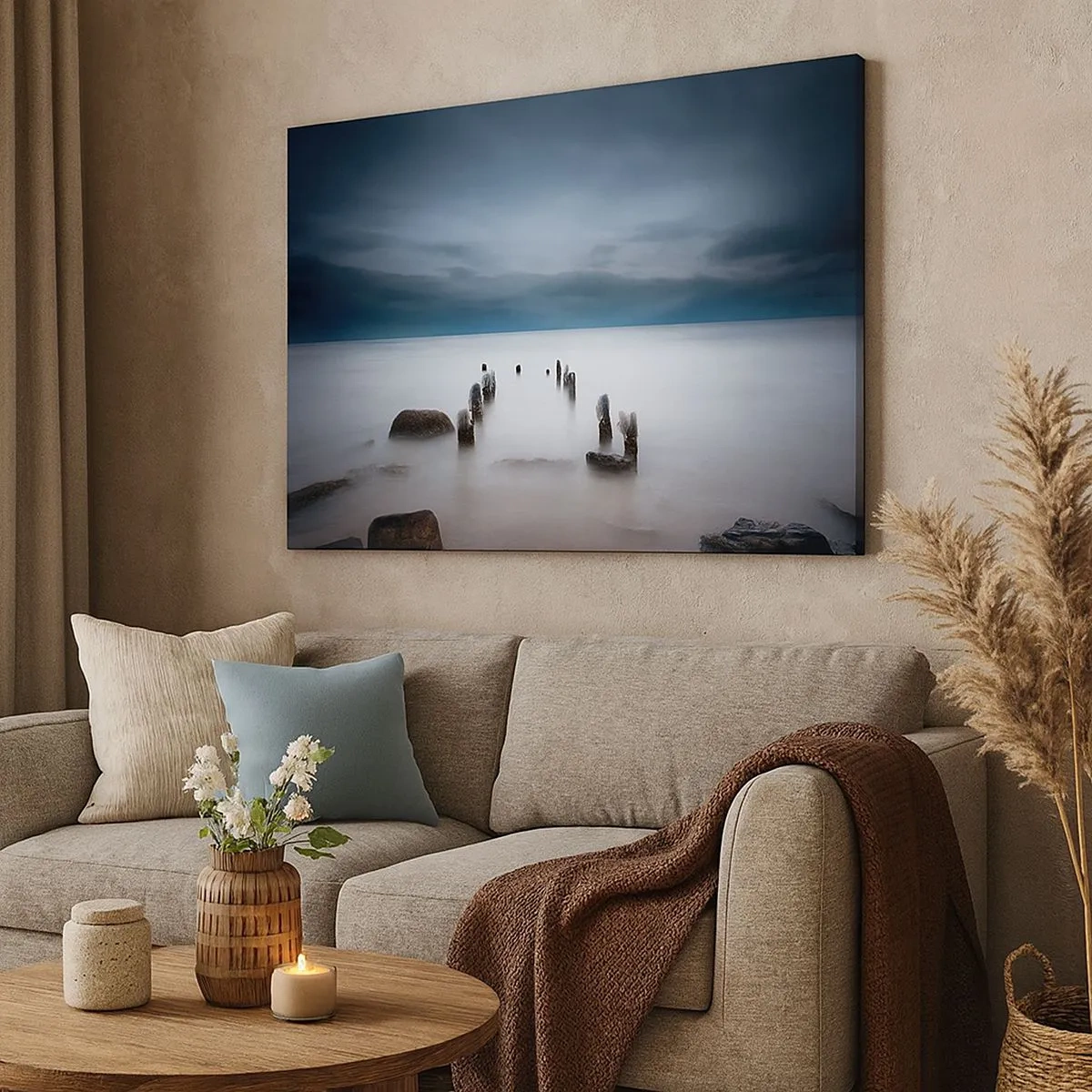 Quadro em tela - O antigo cais tendo como pano de fundo um mar calmo - 70x50cm - Lago pensativo - Decoração de parede moderna para a sala de estar e quarto ARTTOR