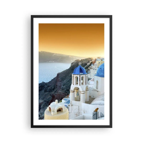 Pôster com moldura preta - Santorini com suas casas brancas e cúpulas azuis - 50x70cm - Santorini - abraçada às rochas - Decoração de parede moderna para a sala de estar e quarto ARTTOR