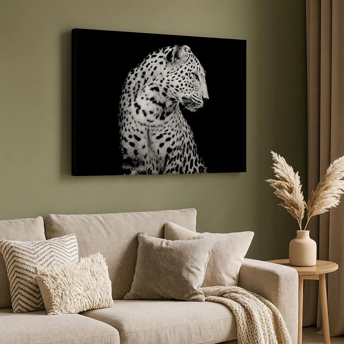 Quadro em tela - Imagem em preto e branco de um leopardo em um fundo preto - 70x50cm - Perfil direito perfeito! - Decoração de parede moderna para a sala de estar e quarto ARTTOR
