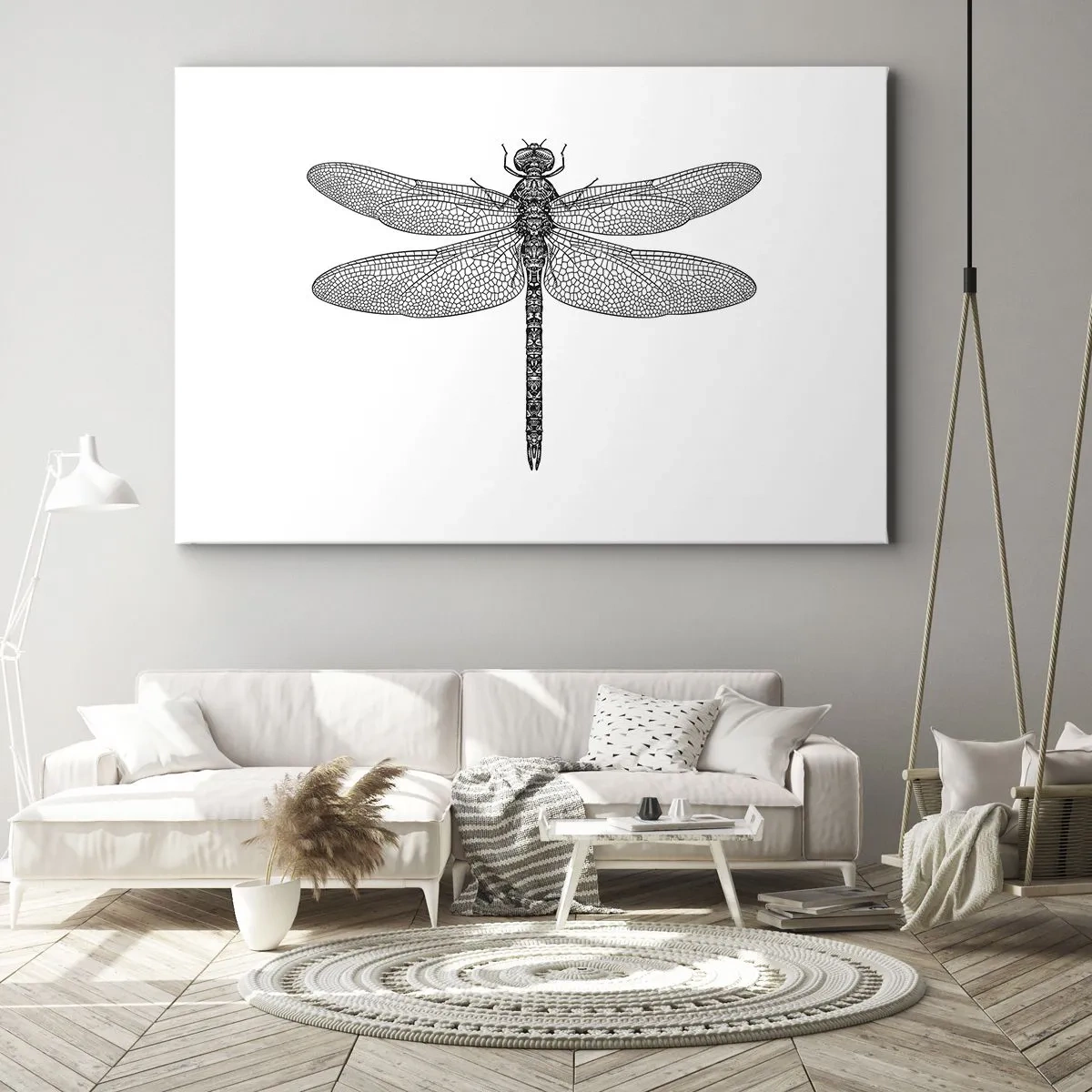 Quadro em tela - Desenho em preto e branco de uma libélula sobre fundo branco em estilo minimalista - 70x50cm - Precisão da natureza - Decoração de parede moderna para a sala de estar e quarto ARTTOR