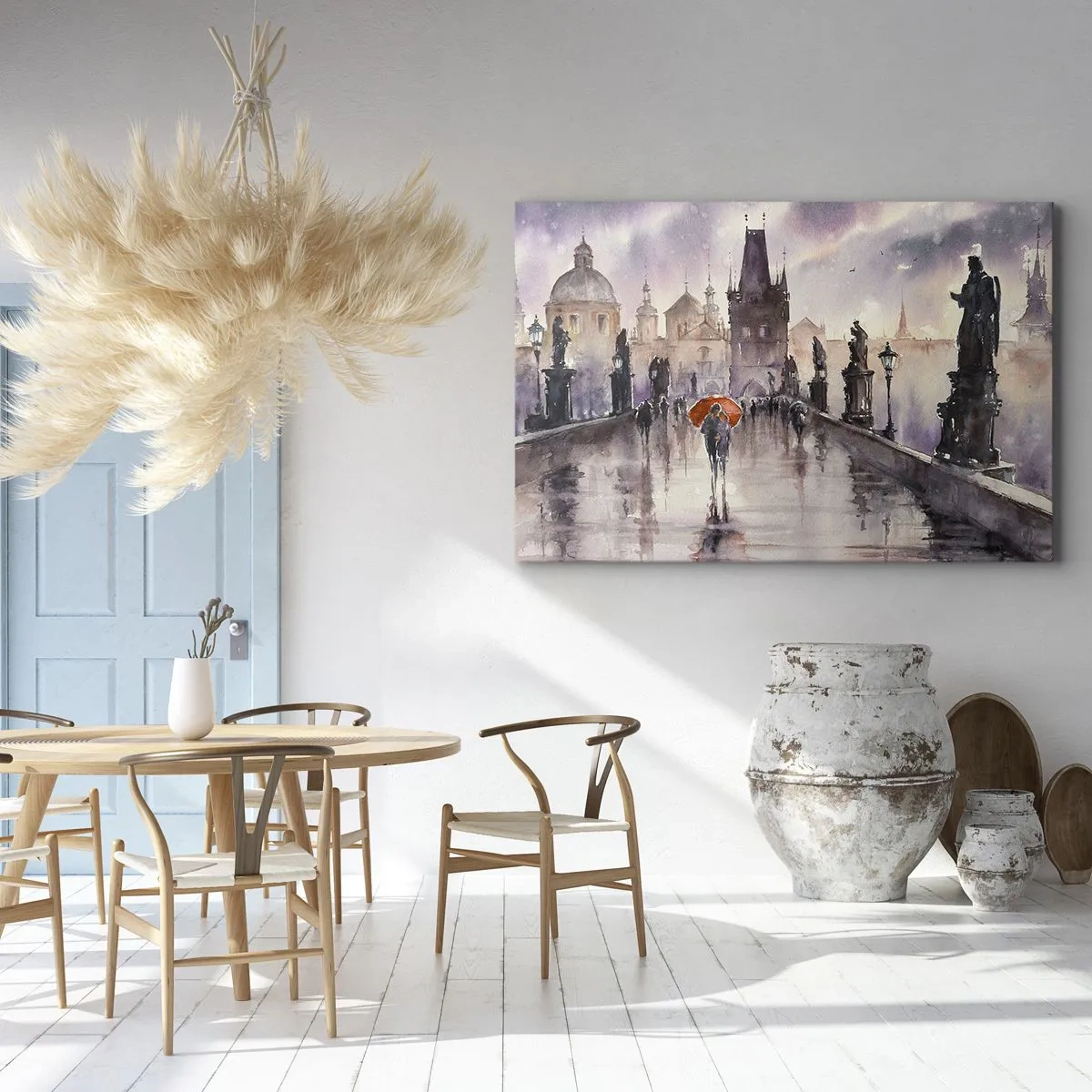 Quadro em tela - Vista romântica de uma ponte com um guarda-chuva tendo como pano de fundo uma cidade à noite - 70x50cm - Pessoas não mudam - Decoração de parede moderna para a sala de estar e quarto ARTTOR