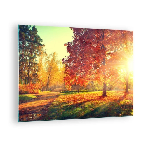 Quadro em vidro - Beco de outono com raios de sol - 70x50cm - O vermelho é lindo - Decoração de parede moderna para a sala de estar e quarto ARTTOR