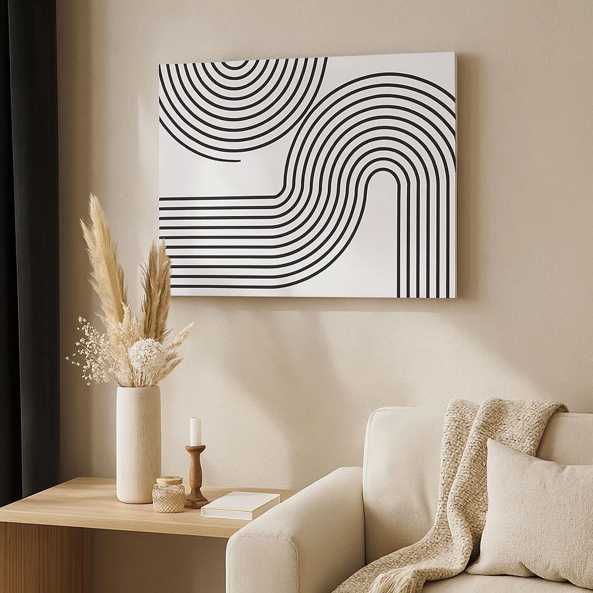 Quadro em tela - Uma pintura abstrata com linhas pretas criando padrões geométricos em um fundo branco. - 70x50cm - Na curva - Decoração de parede moderna para a sala de estar e quarto ARTTOR