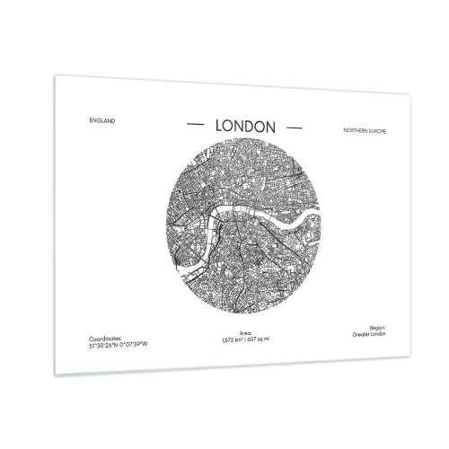 Quadro em vidro - Um mapa detalhado de Londres em estilo gráfico preto e branco. - 70x50cm - Anatomia de Londres - Decoração de parede moderna para a sala de estar e quarto ARTTOR