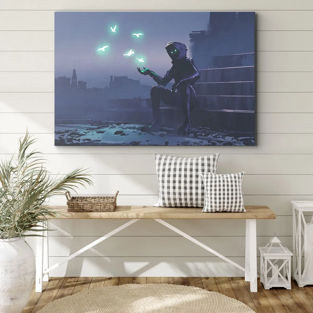 Quadro em tela - Uma figura encapuzada com pássaros mágicos no fundo de uma cidade - 70x50cm - A vida vai voltar - Decoração de parede moderna para a sala de estar e quarto ARTTOR