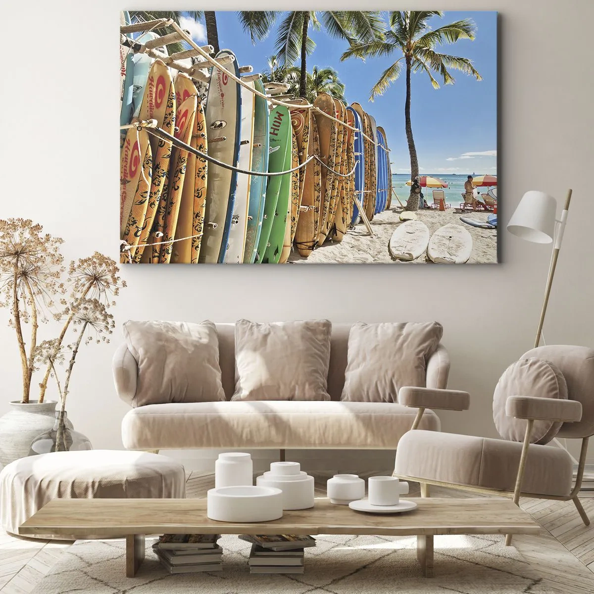 Quadro em tela - Pranchas de surfe em uma praia com palmeiras - 70x50cm - Diversão ensolarada - Decoração de parede moderna para a sala de estar e quarto ARTTOR