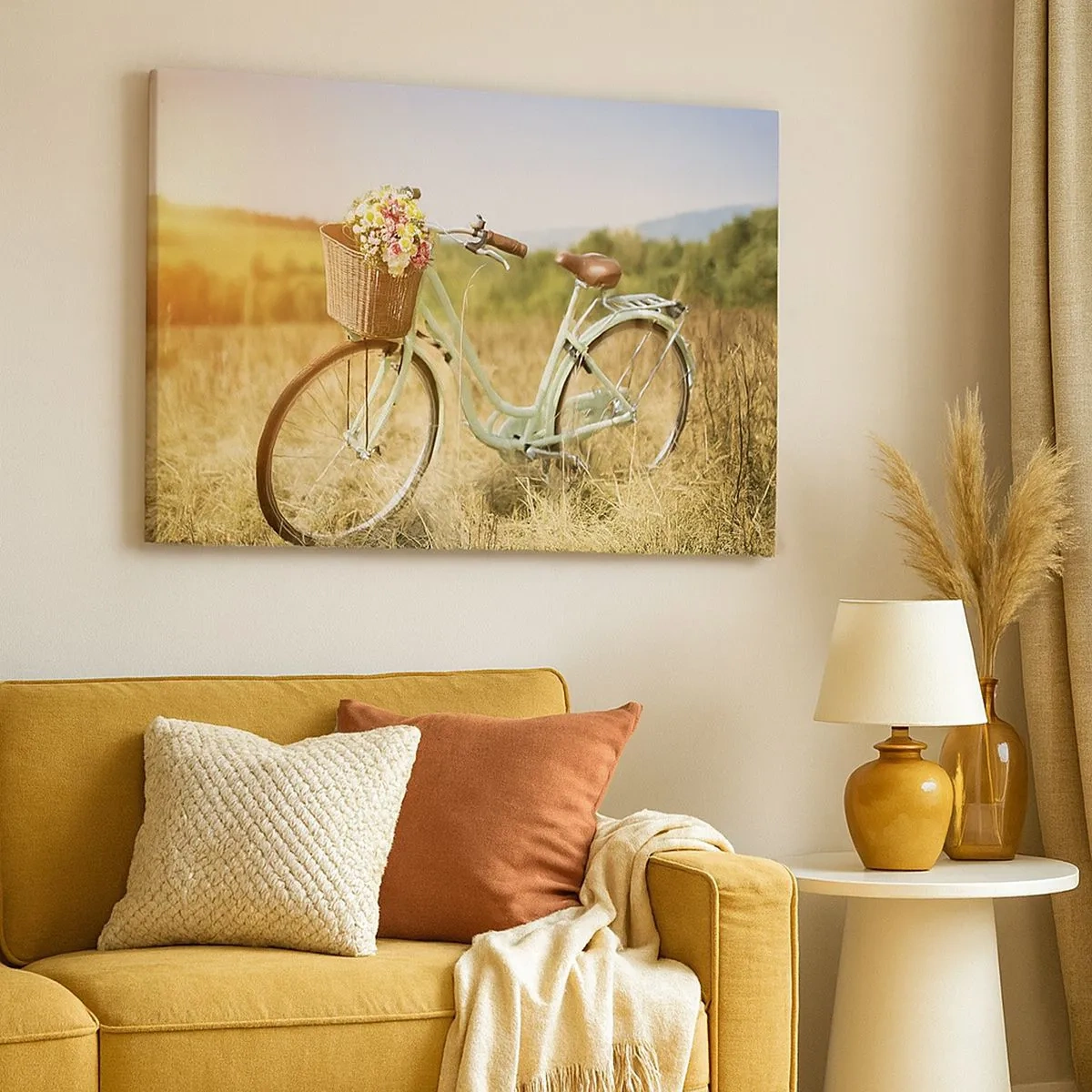 Quadro em tela - Uma bicicleta retrô com uma cesta cheia de flores sobre um fundo de campo. - 70x50cm - Vou ficar aqui por um tempo - Decoração de parede moderna para a sala de estar e quarto ARTTOR