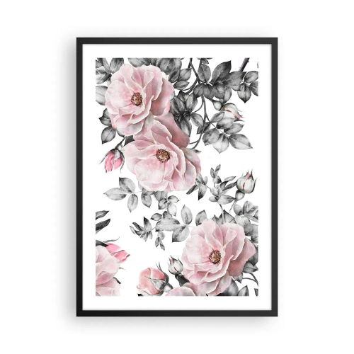 Pôster com moldura preta - Rosas cor de rosa sobre um fundo de folhas pretas e brancas - 50x70cm - Perder-se nas rosas - Decoração de parede moderna para a sala de estar e quarto ARTTOR