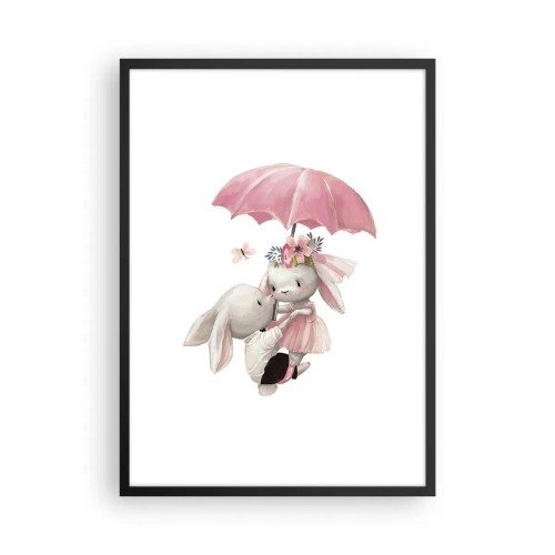 Pôster com moldura preta - Coelhinhos fofos sob um guarda-chuva rosa - 50x70cm - Isso é amor - Decoração de parede moderna para a sala de estar e quarto ARTTOR