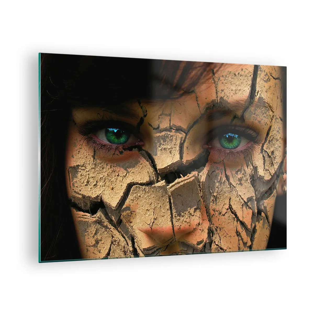 Quadro em vidro - Rosto de mulher com efeito de terra rachada - 70x50cm - Admiração e medo ao mesmo tempo - Decoração de parede moderna para a sala de estar e quarto ARTTOR