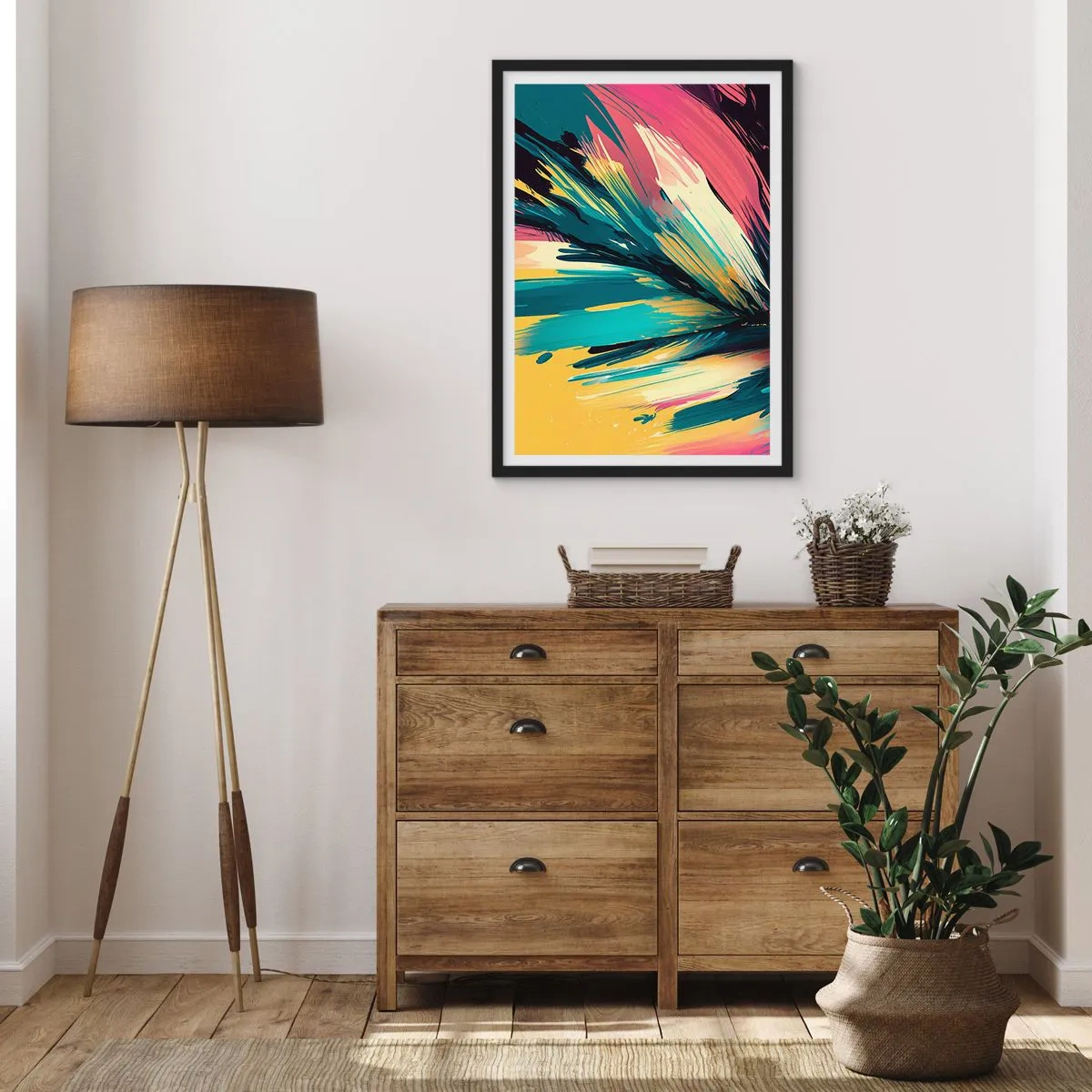 Pôster com moldura preta - Uma explosão abstrata de cores em um arranjo dinâmico - 50x70cm - Composição – uma explosão de alegria - Decoração de parede moderna para a sala de estar e quarto ARTTOR